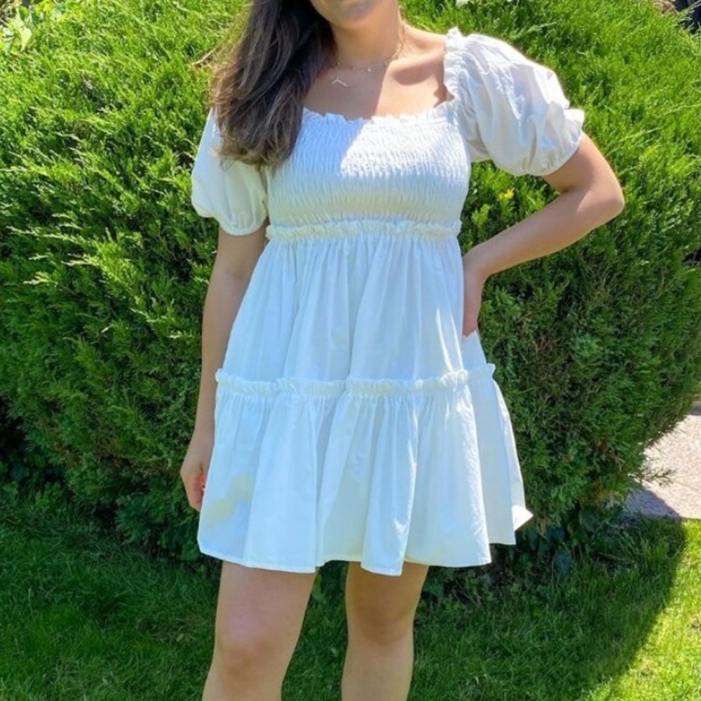 MABLE Puff Sleeve White Baby Doll Dress Smocked‎ Bust Bridal Bachelorette Size S